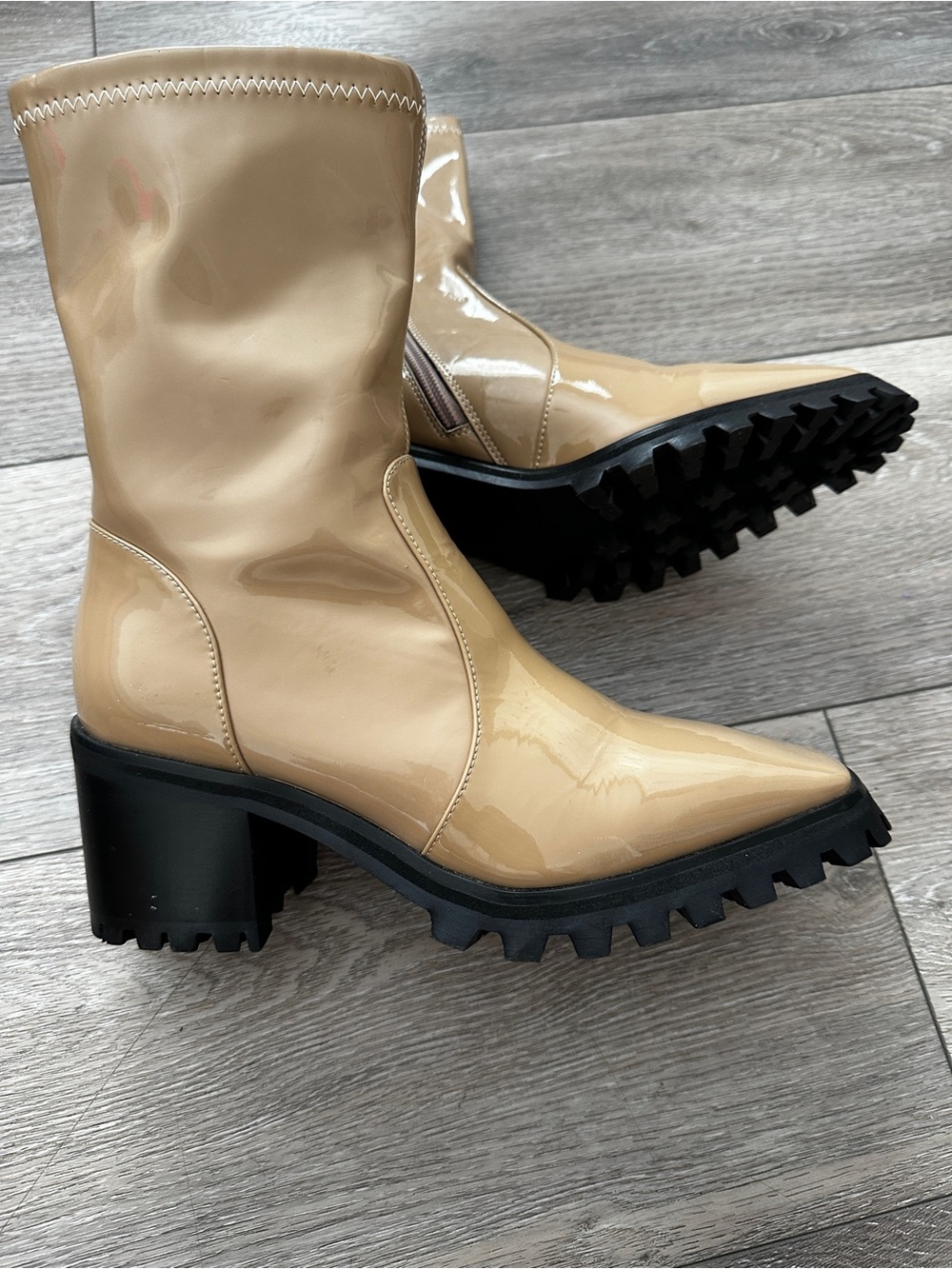 Women's Patent Mid-Calf Chunky Heel Boots in Beige
